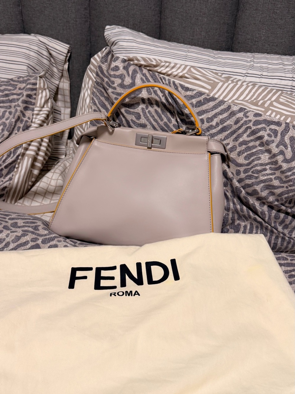 Fendi Light Gray Leather Peekaboo Satchel with Yellow Trim